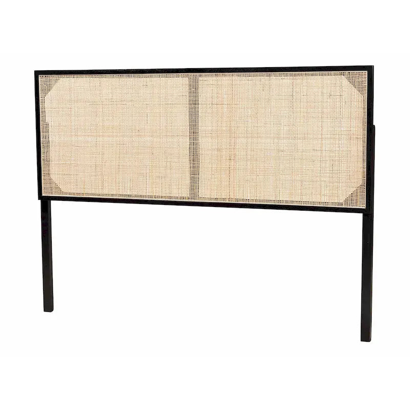 Tête de lit en rotin et bois bohème marron naturel / noir – Lit Queen size, 1 personne