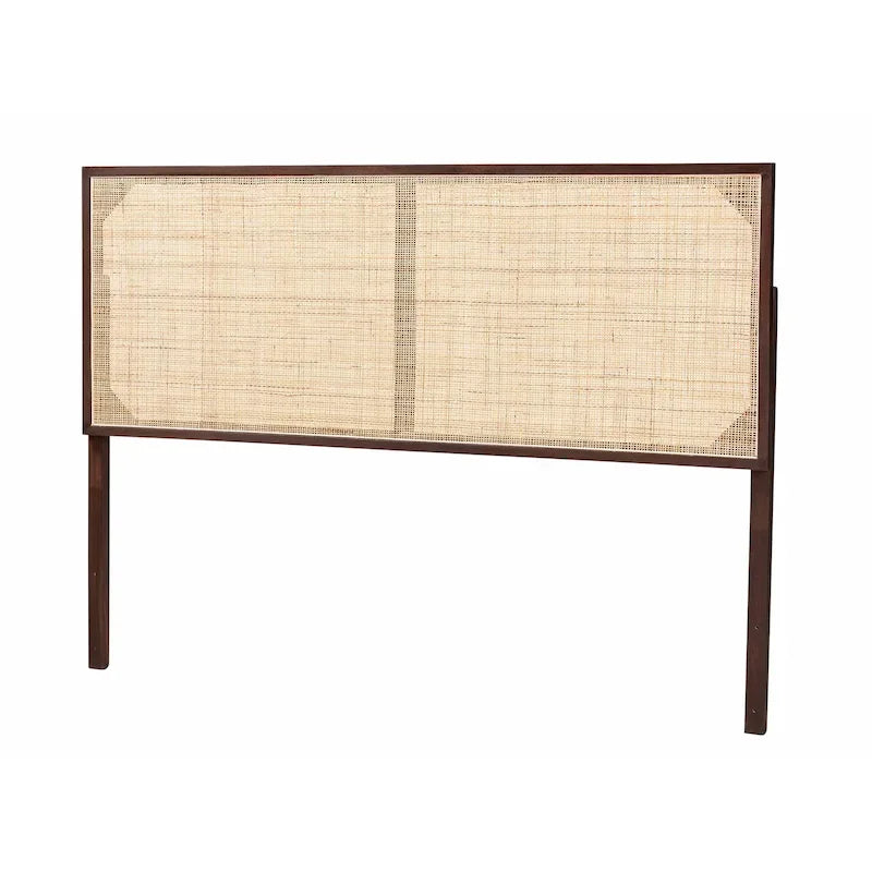 Tête de lit en rotin et bois bohème marron naturel / noir – Lit Queen size, 1 personne