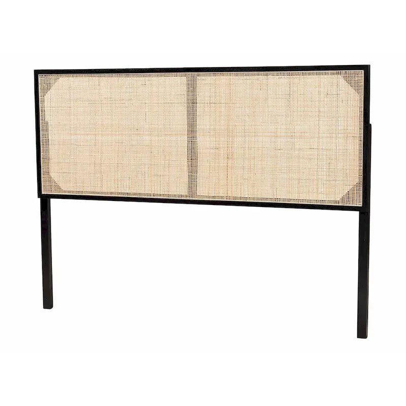 Tête de lit en rotin et bois bohème marron naturel / noir – Lit Queen size, 1 personne