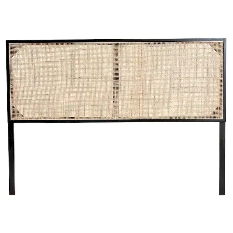 Tête de lit en rotin et bois bohème marron naturel / noir – Lit Queen size, 1 personne
