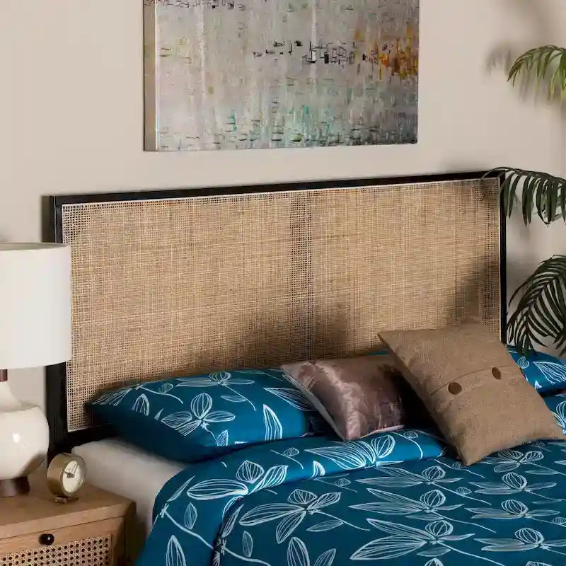 Tête de lit en rotin et bois bohème marron naturel / noir – Lit Queen size, 1 personne