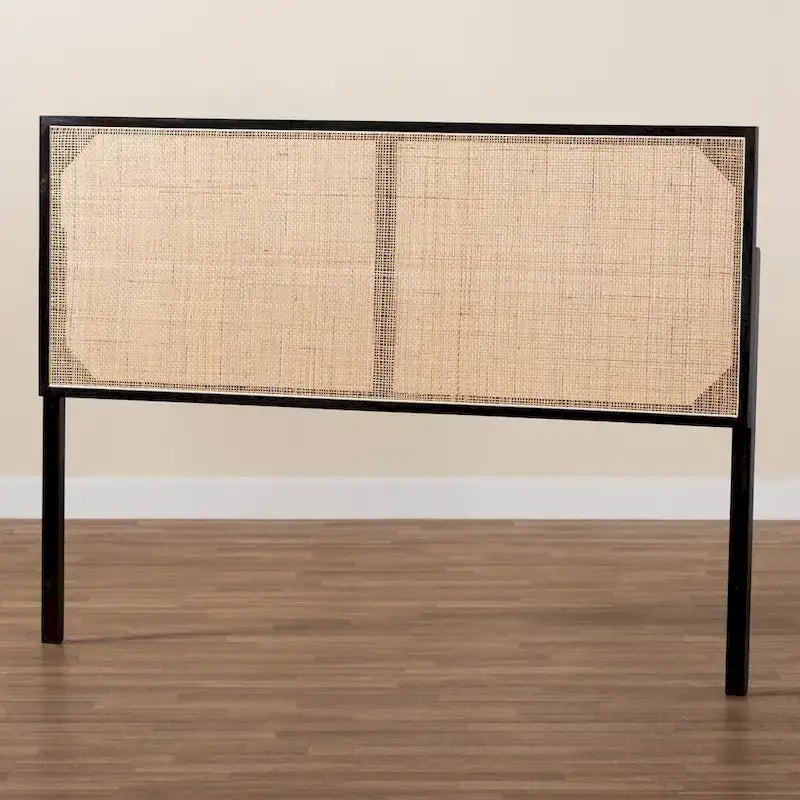 Tête de lit en rotin et bois bohème marron naturel / noir – Lit Queen size, 1 personne