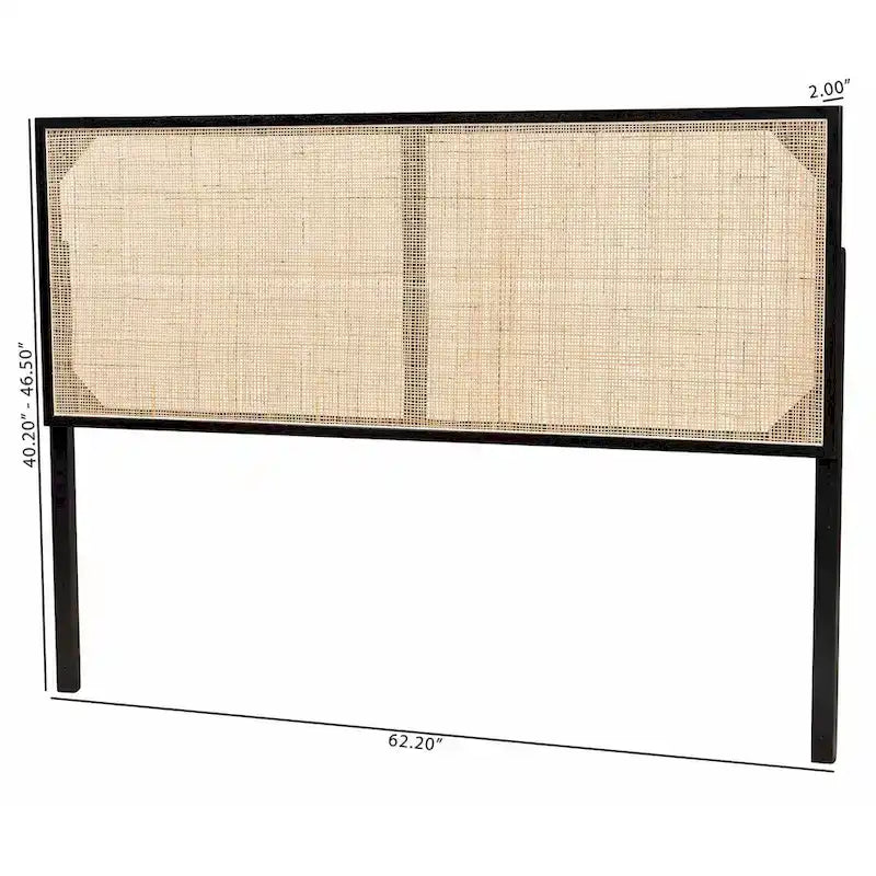 Tête de lit en rotin et bois bohème marron naturel / noir – Lit Queen size, 1 personne