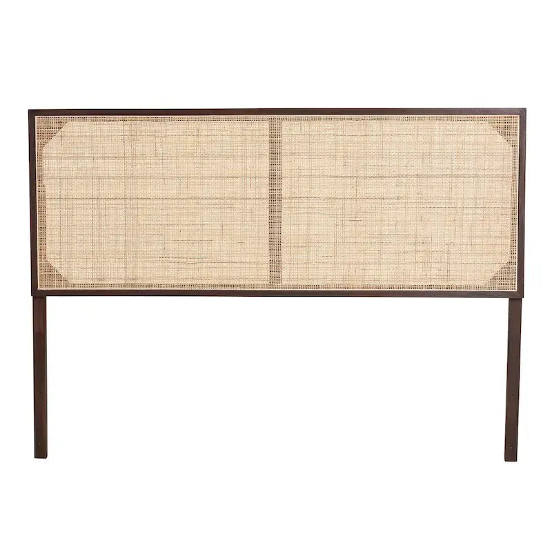 Tête de lit en rotin et bois bohème marron naturel / noir – Lit Queen size, 1 personne