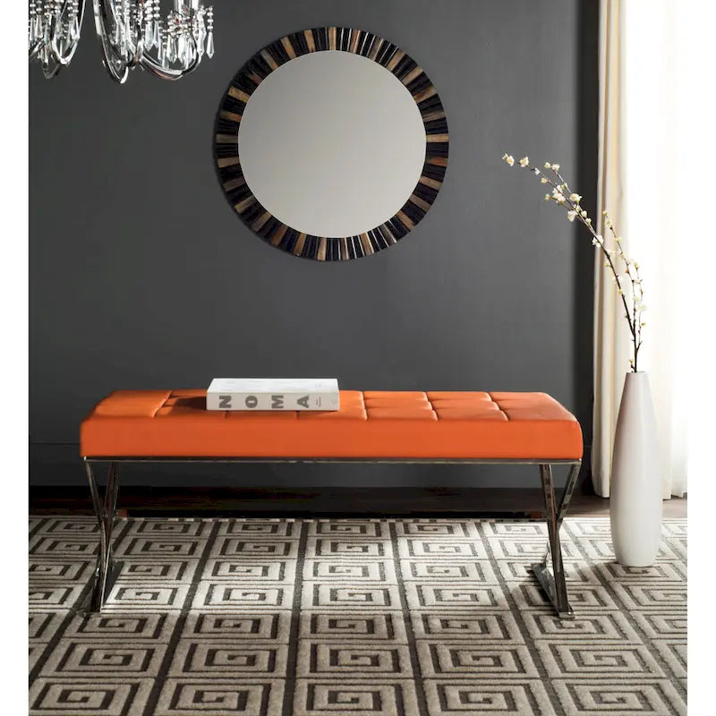 Banc pouf en similicuir capitonné, chromé, noir/gris/orange – 2 places, 109,2 cm (L) × 45,7 cm (P) × 45,7 cm (H)