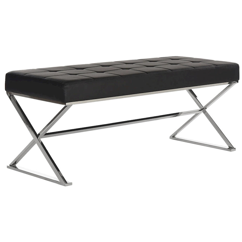 Banc pouf en similicuir capitonné, chromé, noir/gris/orange – 2 places, 109,2 cm (L) × 45,7 cm (P) × 45,7 cm (H)