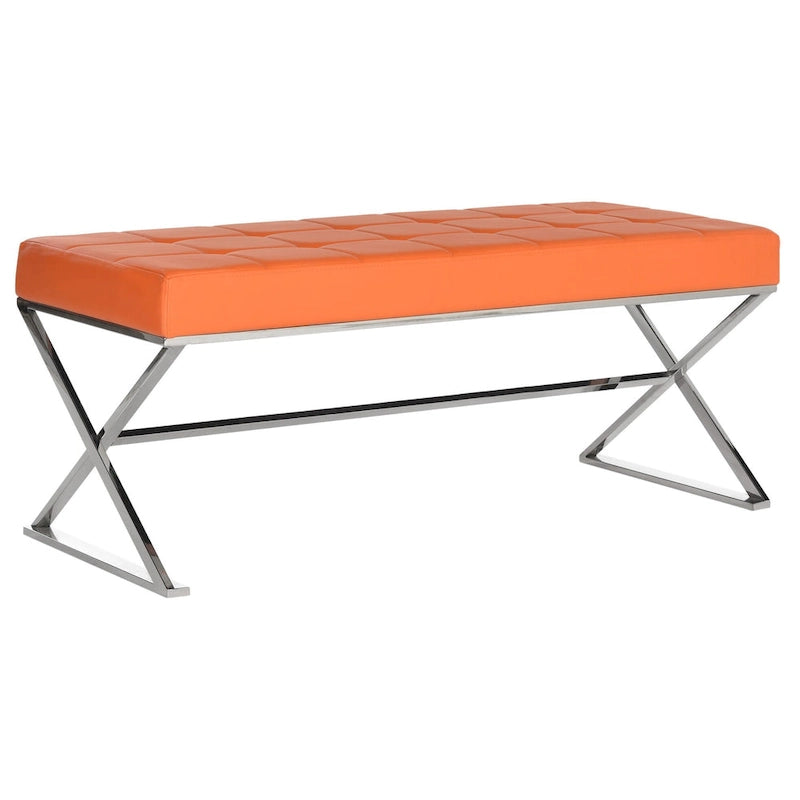 Banc pouf en similicuir capitonné, chromé, noir/gris/orange – 2 places, 109,2 cm (L) × 45,7 cm (P) × 45,7 cm (H)