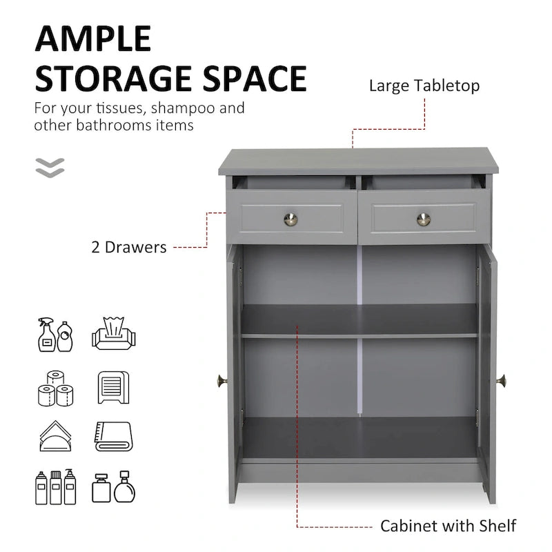 Meuble de Rangement Autoportant pour Salle de Bain, Finition Bois Gris, avec 2 Tiroirs et 1 Porte, pour 1 Salle de Bain