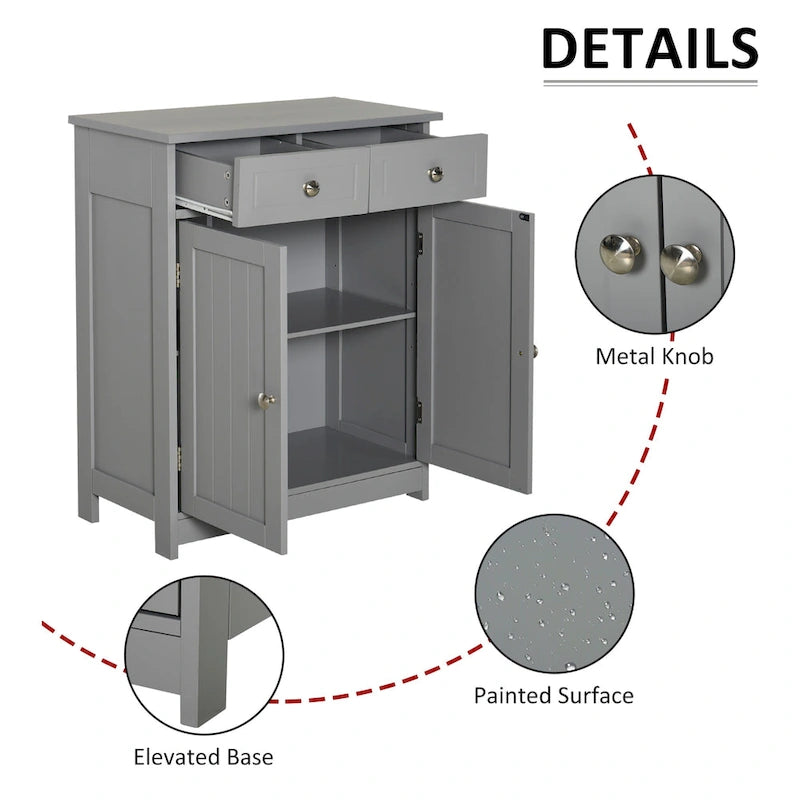 Meuble de Rangement Autoportant pour Salle de Bain, Finition Bois Gris, avec 2 Tiroirs et 1 Porte, pour 1 Salle de Bain