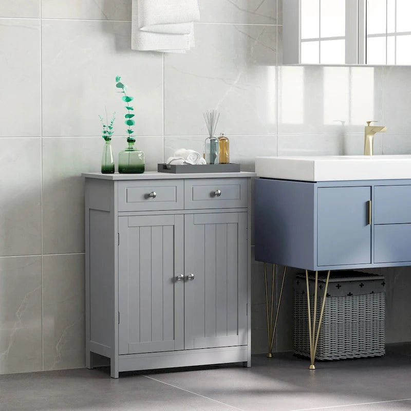 Meuble de Rangement Autoportant pour Salle de Bain, Finition Bois Gris, avec 2 Tiroirs et 1 Porte, pour 1 Salle de Bain