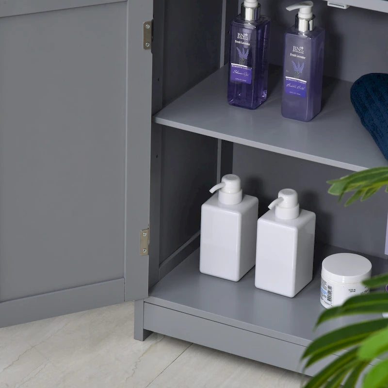Meuble de Rangement Autoportant pour Salle de Bain, Finition Bois Gris, avec 2 Tiroirs et 1 Porte, pour 1 Salle de Bain
