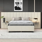 Lit plateforme rembourré en velours beige avec tête de lit de rangement, Grand lit/Très grand lit, 2 places
