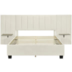 Lit plateforme rembourré en velours beige avec tête de lit de rangement, Grand lit/Très grand lit, 2 places