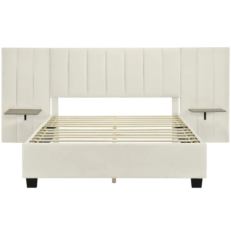 Lit plateforme rembourré en velours beige avec tête de lit de rangement, Grand lit/Très grand lit, 2 places