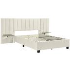 Lit plateforme rembourré en velours beige avec tête de lit de rangement, Grand lit/Très grand lit, 2 places