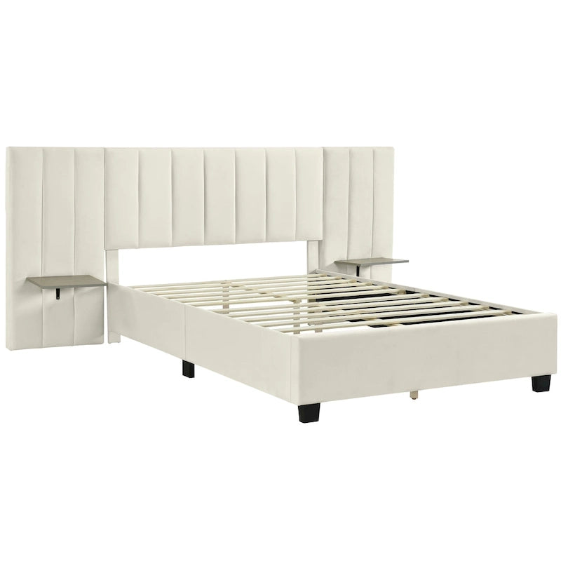 Lit plateforme rembourré en velours beige avec tête de lit de rangement, Grand lit/Très grand lit, 2 places