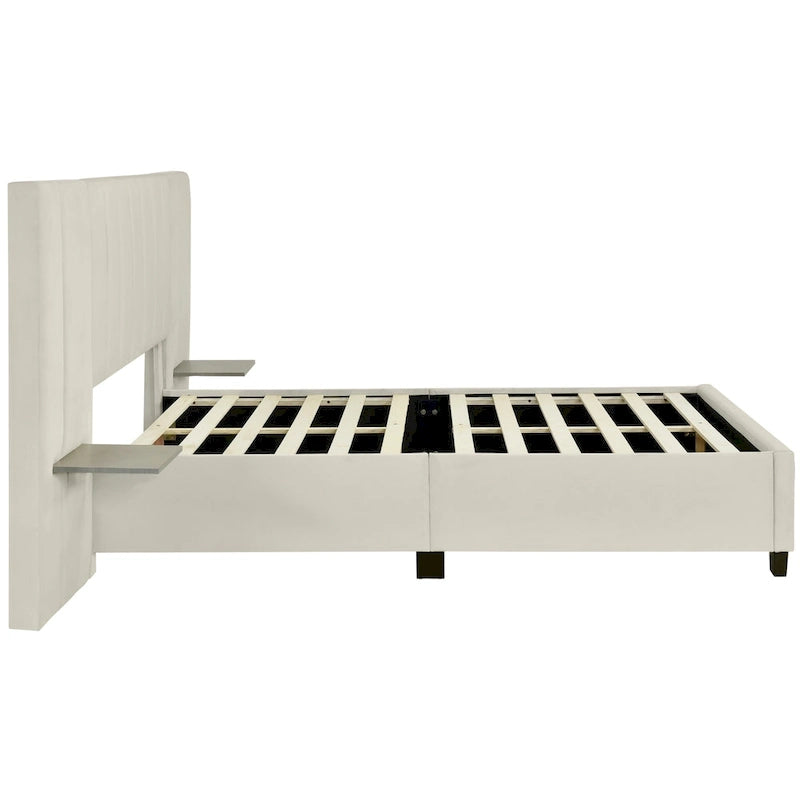 Lit plateforme rembourré en velours beige avec tête de lit de rangement, Grand lit/Très grand lit, 2 places