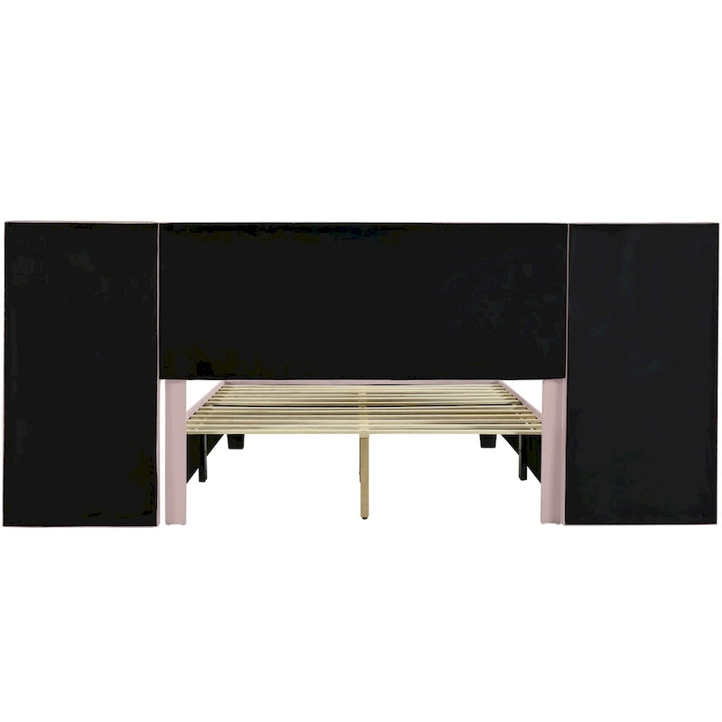Lit plateforme rembourré en velours beige avec tête de lit de rangement, Grand lit/Très grand lit, 2 places