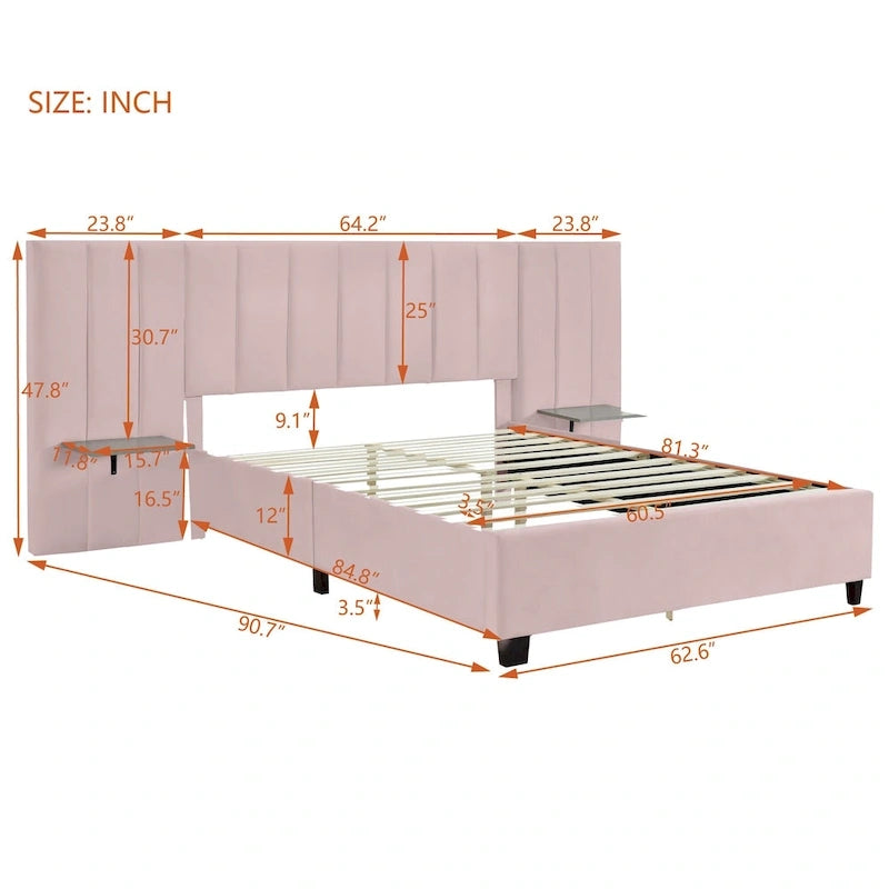Lit plateforme rembourré en velours beige avec tête de lit de rangement, Grand lit/Très grand lit, 2 places