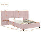 Lit plateforme rembourré en velours beige avec tête de lit de rangement, Grand lit/Très grand lit, 2 places