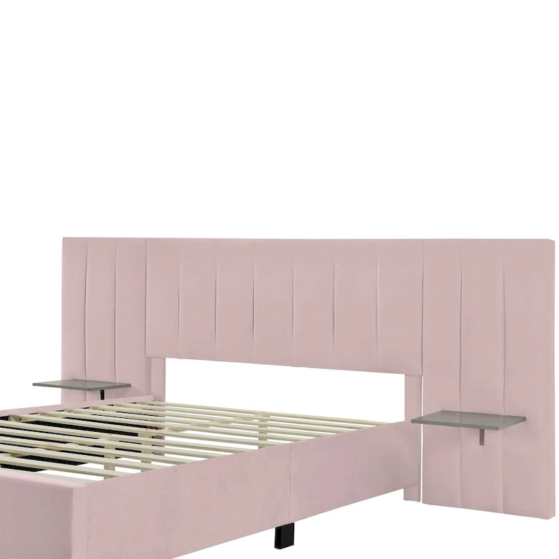 Lit plateforme rembourré en velours beige avec tête de lit de rangement, Grand lit/Très grand lit, 2 places