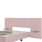 Lit plateforme rembourré en velours beige avec tête de lit de rangement, Grand lit/Très grand lit, 2 places