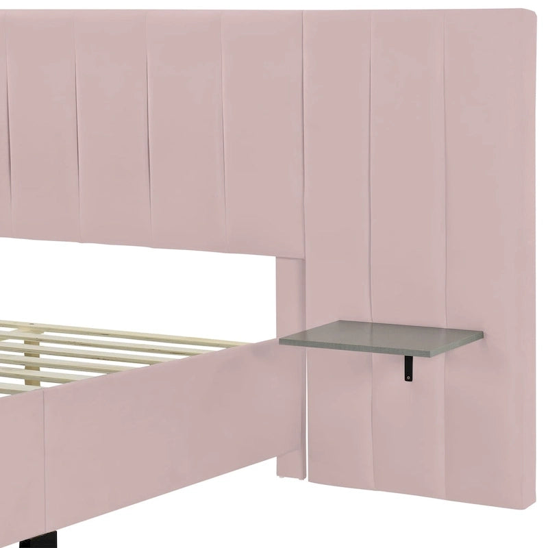 Lit plateforme rembourré en velours beige avec tête de lit de rangement, Grand lit/Très grand lit, 2 places
