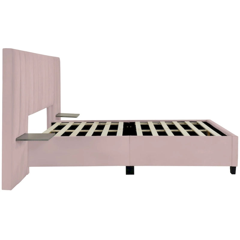 Lit plateforme rembourré en velours beige avec tête de lit de rangement, Grand lit/Très grand lit, 2 places