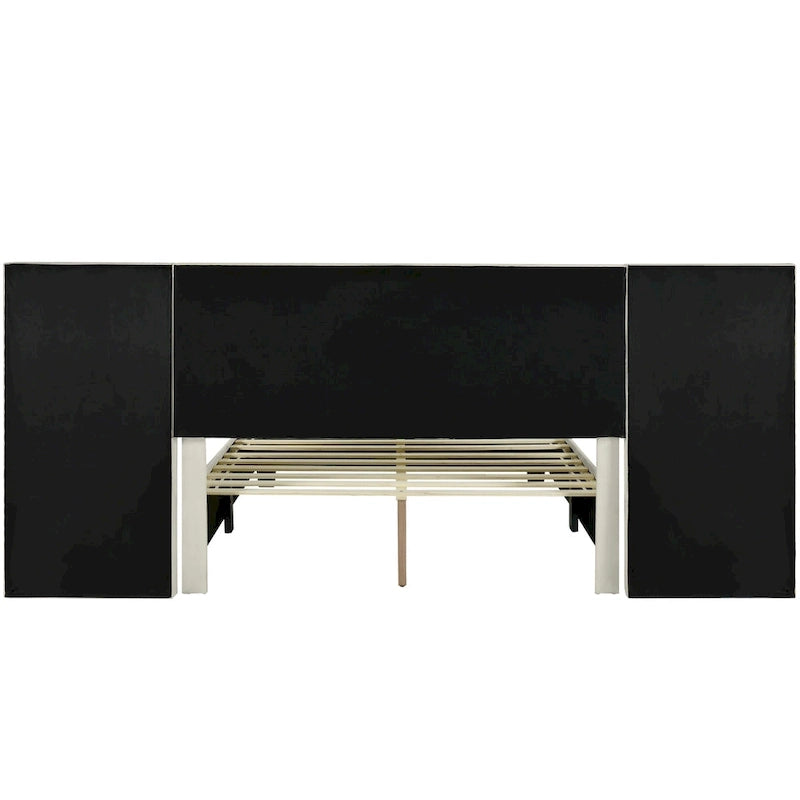 Lit plateforme rembourré en velours beige avec tête de lit de rangement, Grand lit/Très grand lit, 2 places