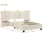Lit plateforme rembourré en velours beige avec tête de lit de rangement, Grand lit/Très grand lit, 2 places
