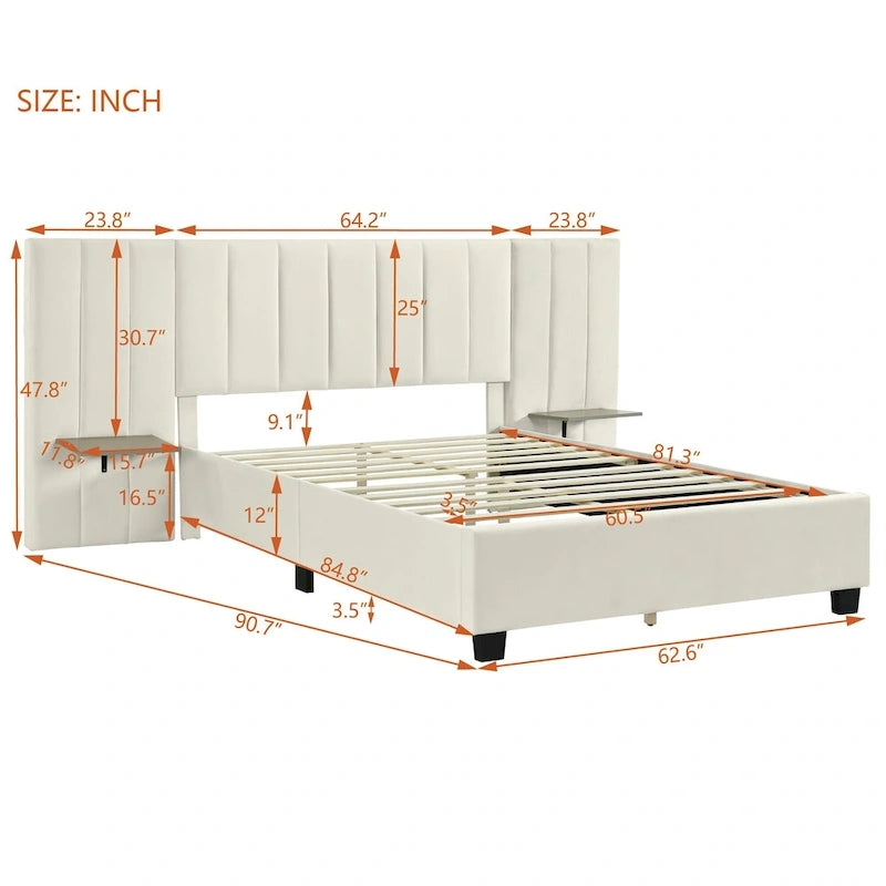 Lit plateforme rembourré en velours beige avec tête de lit de rangement, Grand lit/Très grand lit, 2 places