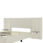 Lit plateforme rembourré en velours beige avec tête de lit de rangement, Grand lit/Très grand lit, 2 places