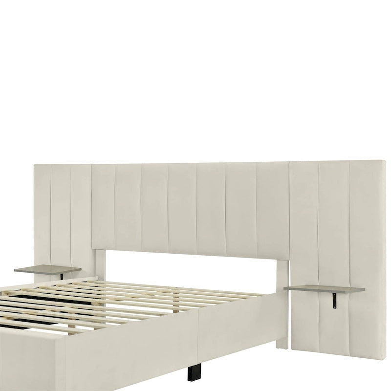 Lit plateforme rembourré en velours beige avec tête de lit de rangement, Grand lit/Très grand lit, 2 places