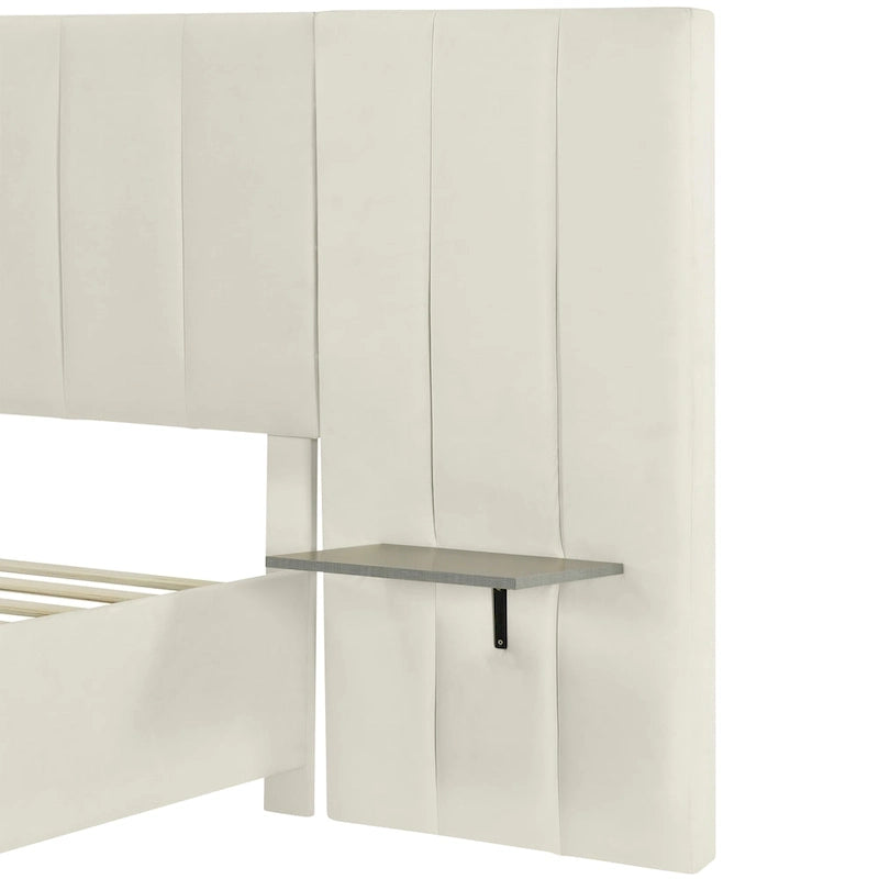 Lit plateforme rembourré en velours beige avec tête de lit de rangement, Grand lit/Très grand lit, 2 places