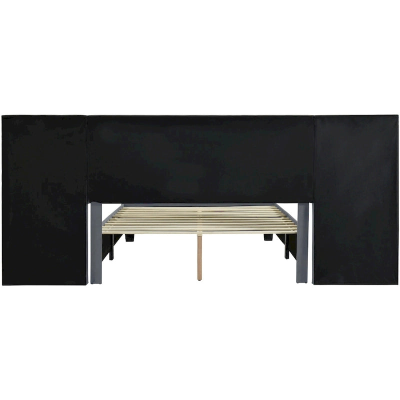 Lit plateforme rembourré en velours beige avec tête de lit de rangement, Grand lit/Très grand lit, 2 places
