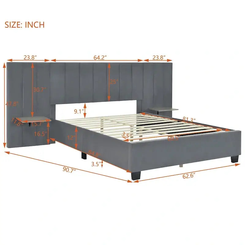 Lit plateforme rembourré en velours beige avec tête de lit de rangement, Grand lit/Très grand lit, 2 places