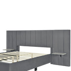 Lit plateforme rembourré en velours beige avec tête de lit de rangement, Grand lit/Très grand lit, 2 places