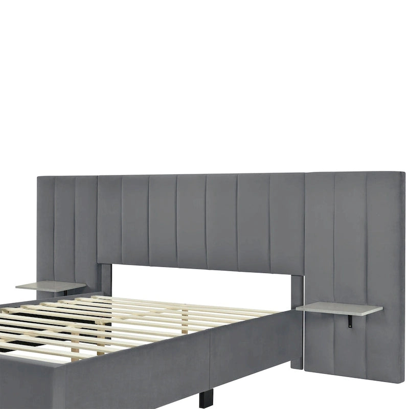 Lit plateforme rembourré en velours beige avec tête de lit de rangement, Grand lit/Très grand lit, 2 places