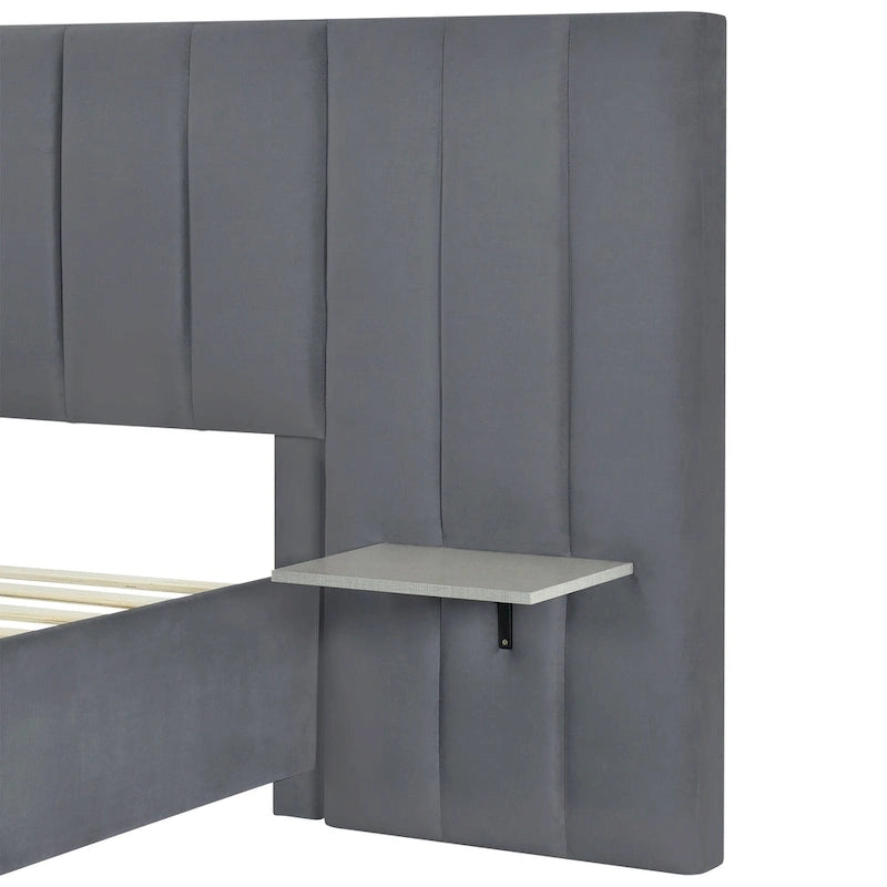Lit plateforme rembourré en velours beige avec tête de lit de rangement, Grand lit/Très grand lit, 2 places