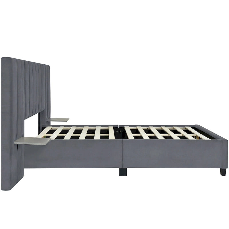Lit plateforme rembourré en velours beige avec tête de lit de rangement, Grand lit/Très grand lit, 2 places