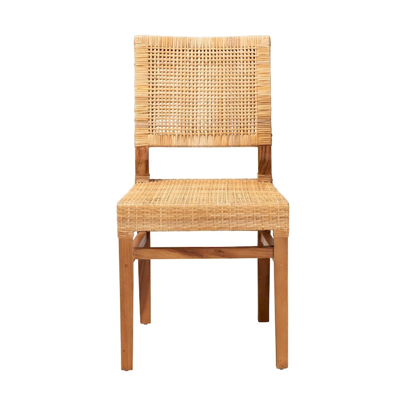 Chaise de salle à manger bohème en rotin brun naturel et brun noyer, une place