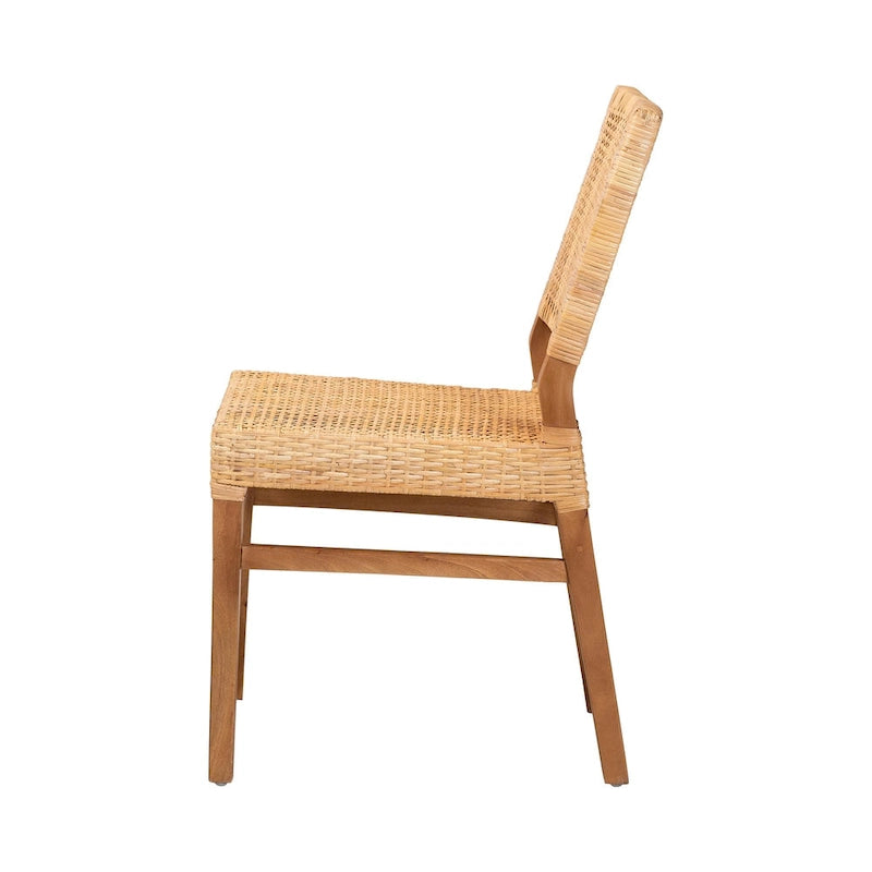 Chaise de salle à manger bohème en rotin brun naturel et brun noyer, une place