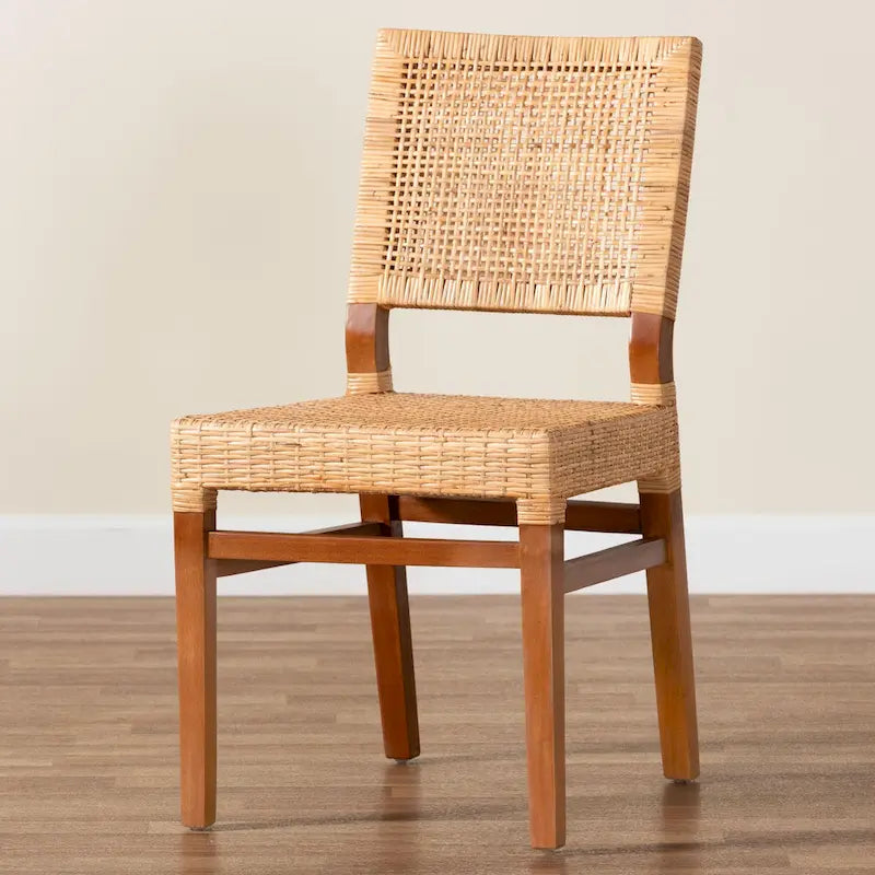 Chaise de salle à manger bohème en rotin brun naturel et brun noyer, une place