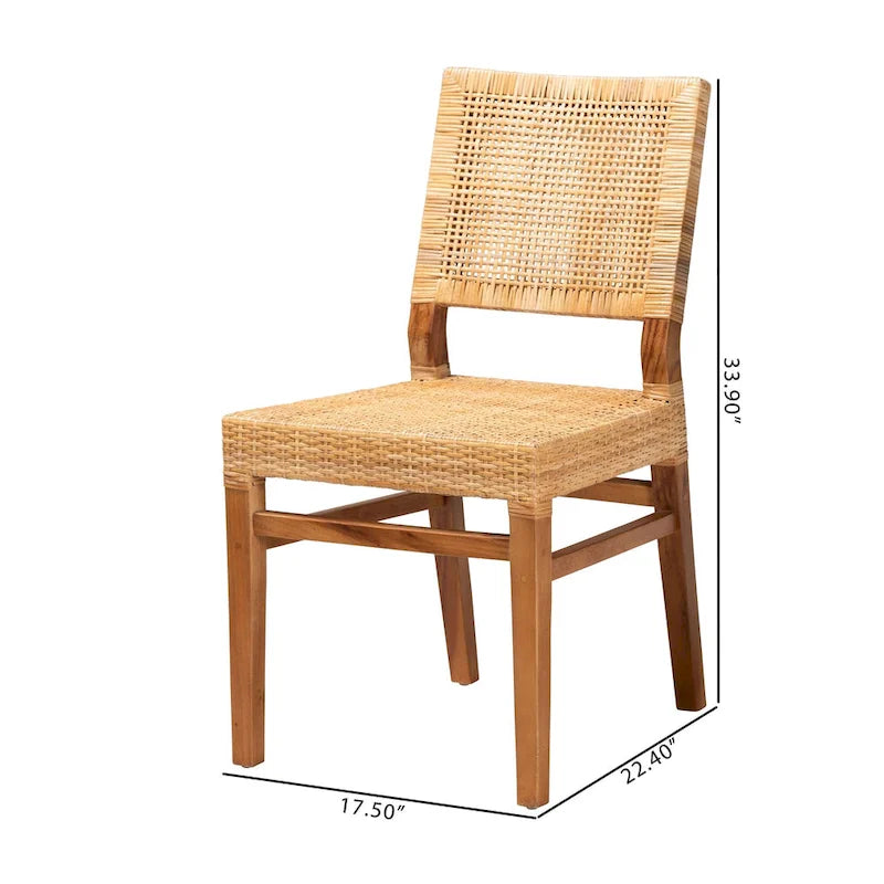 Chaise de salle à manger bohème en rotin brun naturel et brun noyer, une place