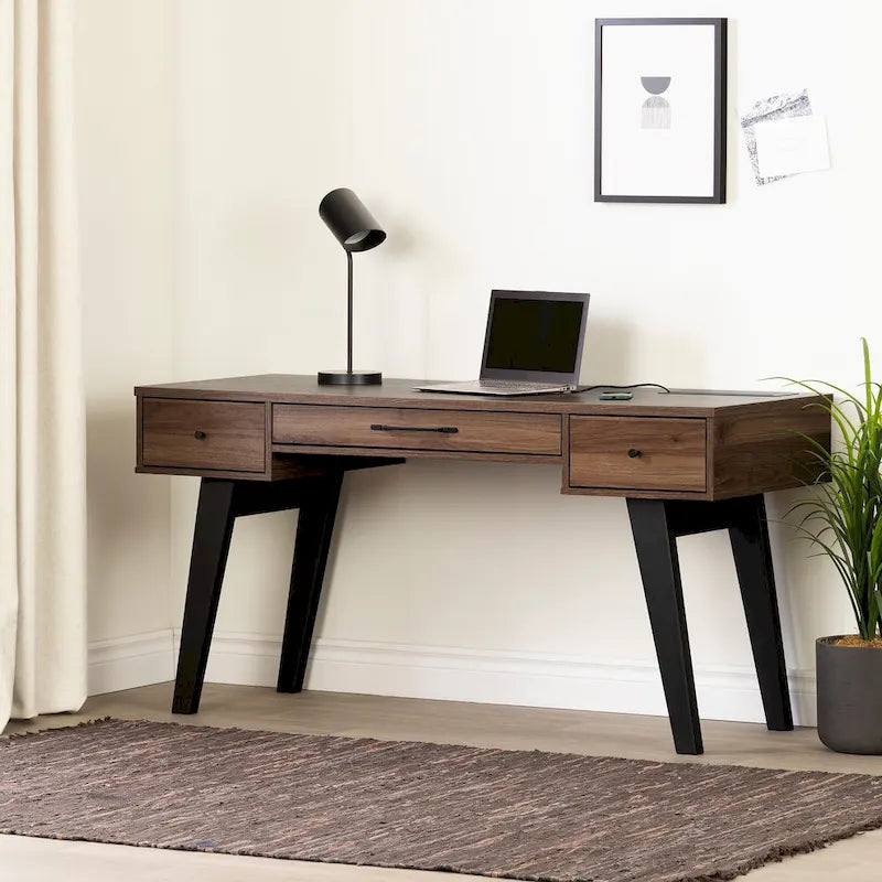 Bureau informatique scandinave Noyer naturel / Blanc / Orme clair avec multiprise – 1 personne