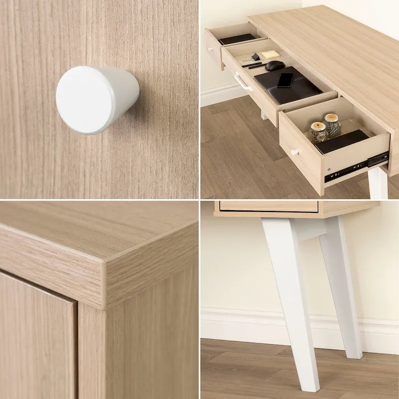 Bureau informatique scandinave Noyer naturel / Blanc / Orme clair avec multiprise – 1 personne
