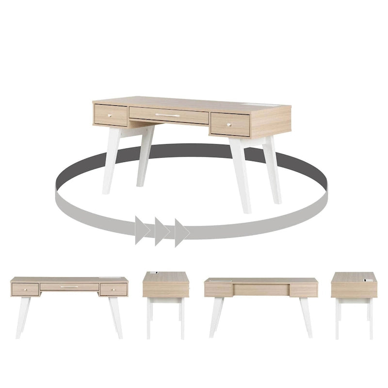 Bureau informatique scandinave Noyer naturel / Blanc / Orme clair avec multiprise – 1 personne