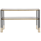 Console de table en noir mat et or brossé avec étagères en verre