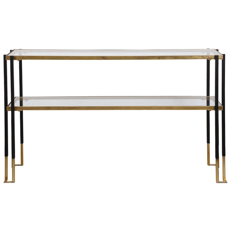 Console de table en noir mat et or brossé avec étagères en verre