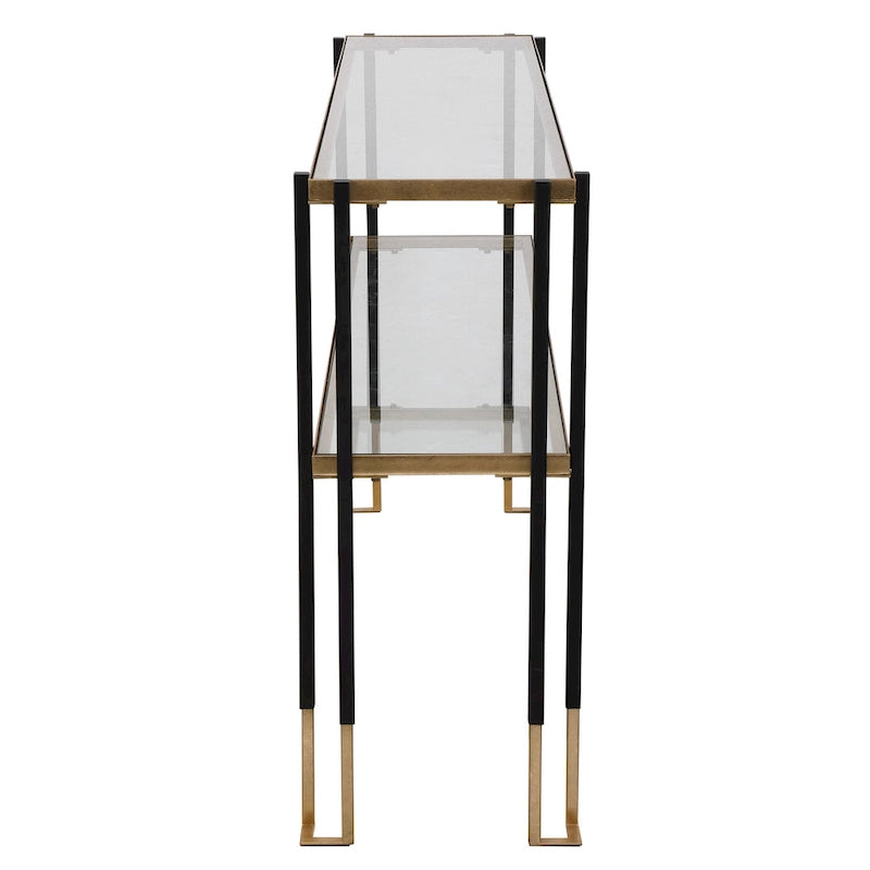 Console de table en noir mat et or brossé avec étagères en verre